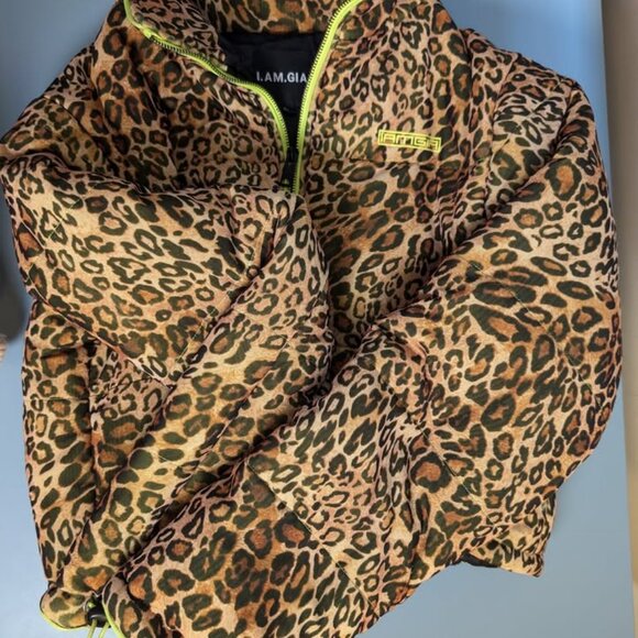 I.AM.GIA Leopard Print Puffer Jacket w/ acid green zip - Picture 3 of 3